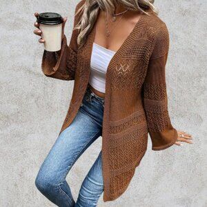 Soft Cozy Knit Long Sleeve Open Front Long Duster Cardigan in Rust Brown